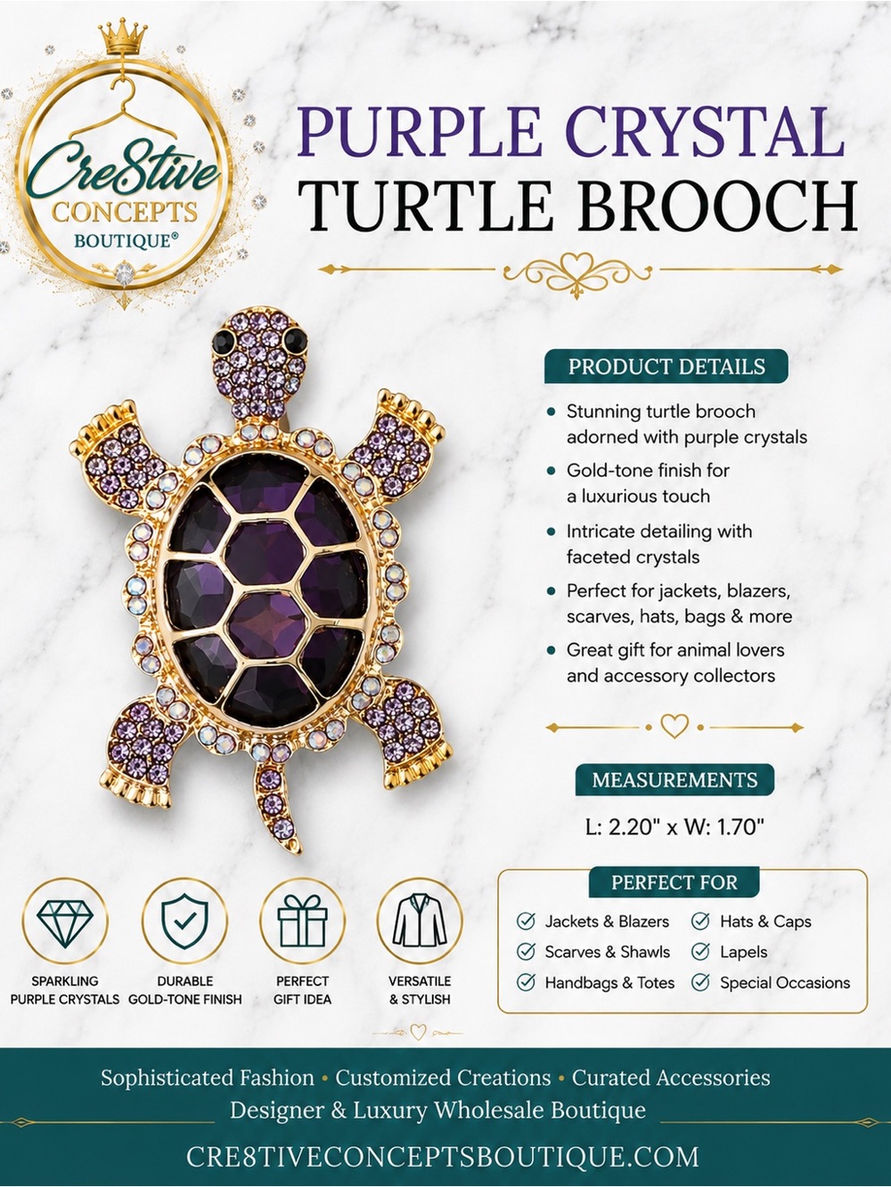 Purple Crystal Turtle Brooch – Gold Tone Rhinestone Animal Lapel Pin